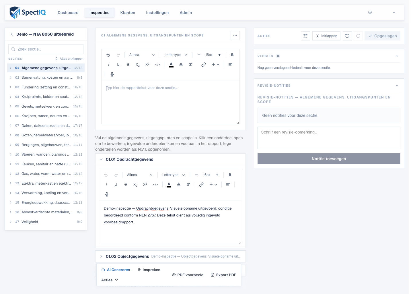 SpectIQ rapporteditor met secties, rapporttekst en revisienotities in een demonstratiedossier